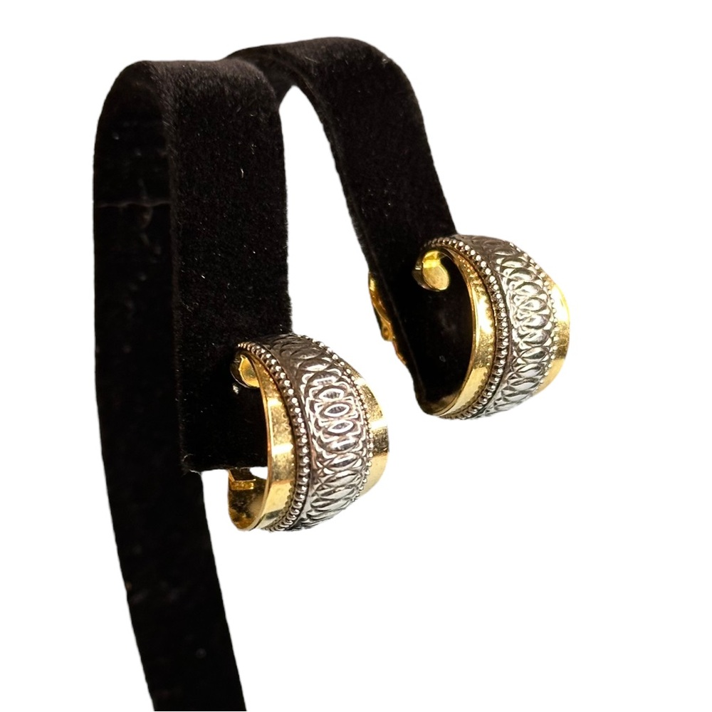 Vintage Two Tone Etruscan Style Small Huggie Hoop Clip On Earrings